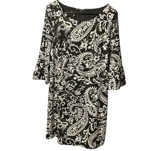 Talbots Womens Black White Paisley Bell Sleeve Shift Dress Size 12 PH5289